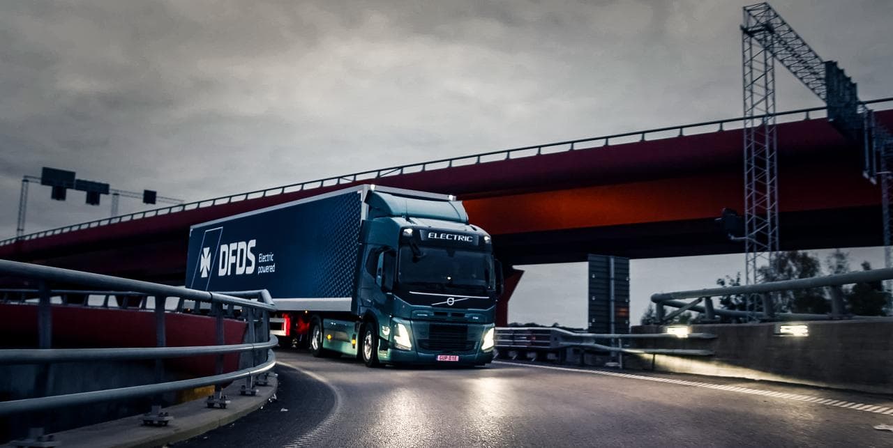 Electric truck driving on the road.