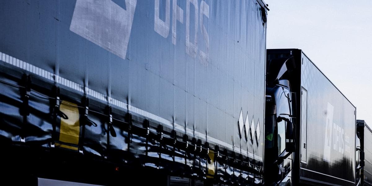 A row of dark blue DFDS trucks with trailers with the white DFDS logo on the side, seen in the sunset