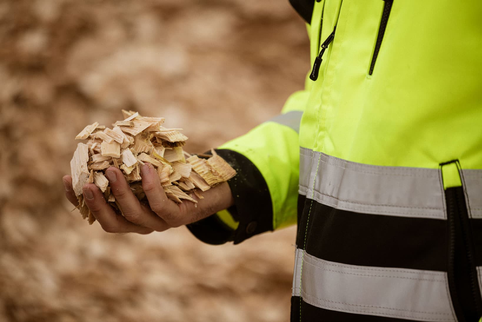 Norske Skog, worker, DFDS, holding wood chips