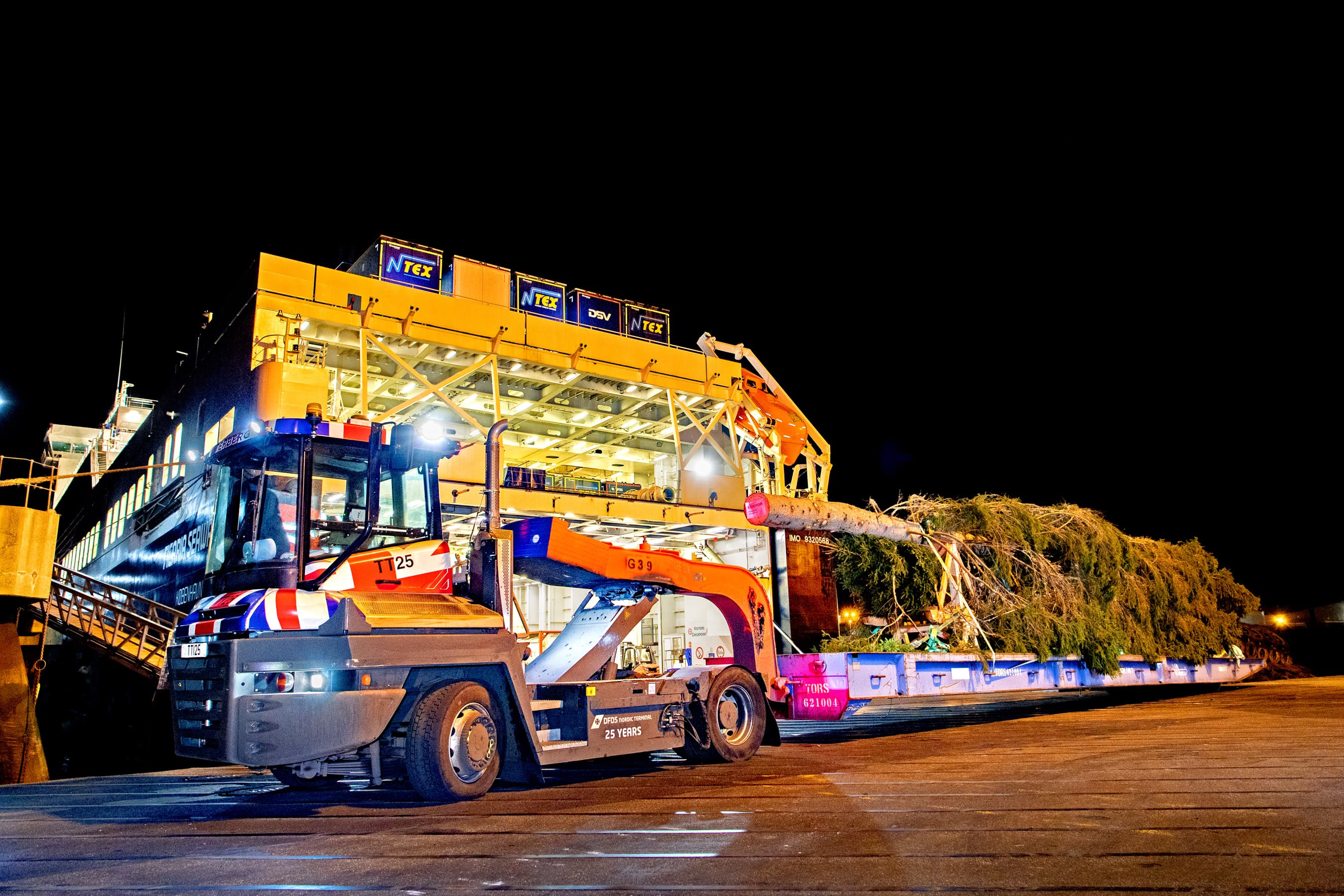 23 metres tall Christmas Tree arriving in the port of Immingham