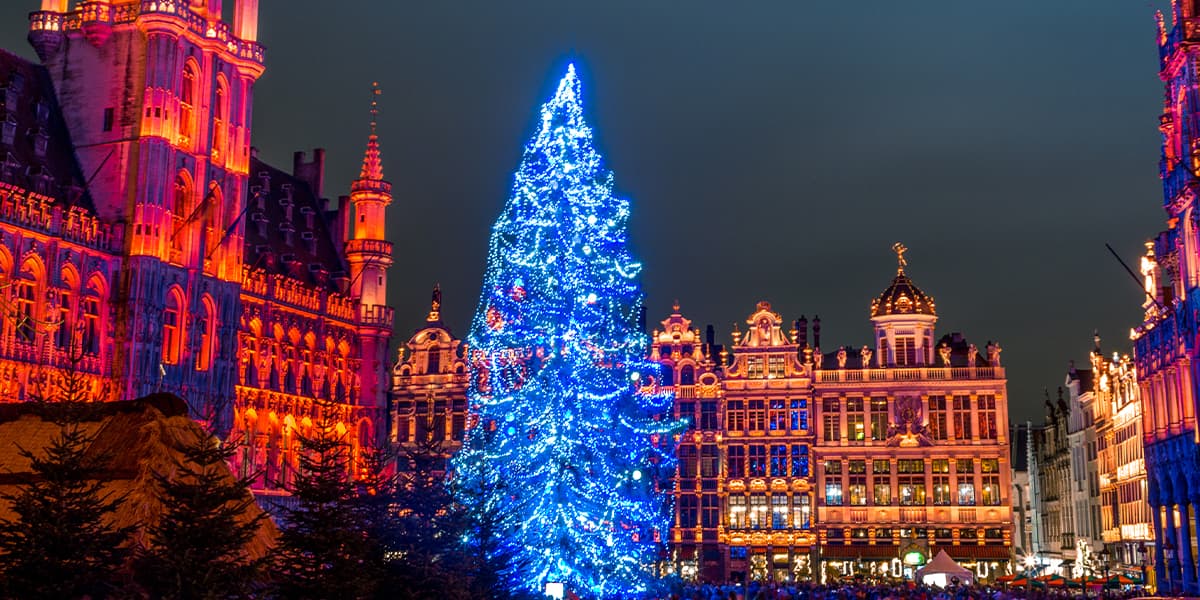 Grand-Place in Brussels, Belgium, with illuminated Christmas tree