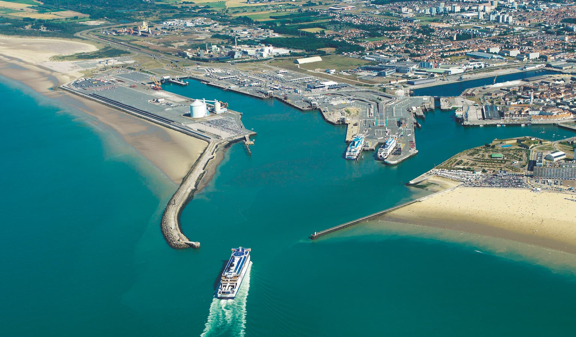Drone photo of Port de Calais, vessel arriving at entrance of harbour