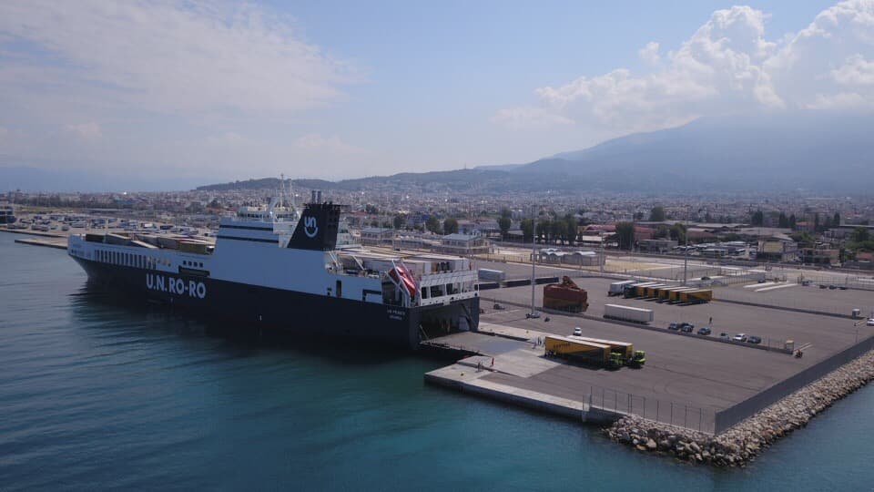 A U.N. Ro-Ro vessel docked at a port in Patras