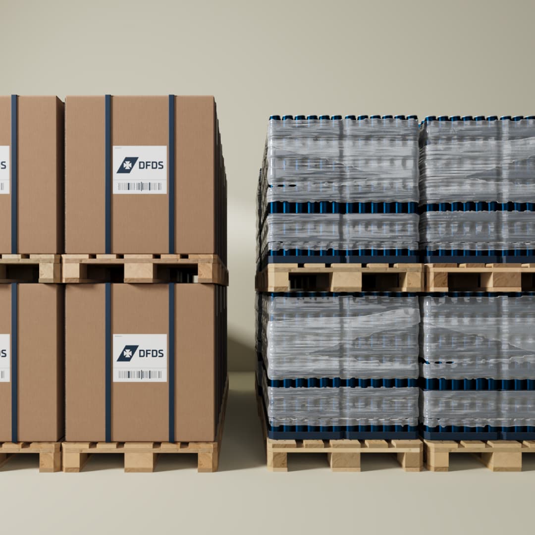 A DFDS part loads product 3D rendered image, including cardboard boxes and wrapped goods stacked on pallets.